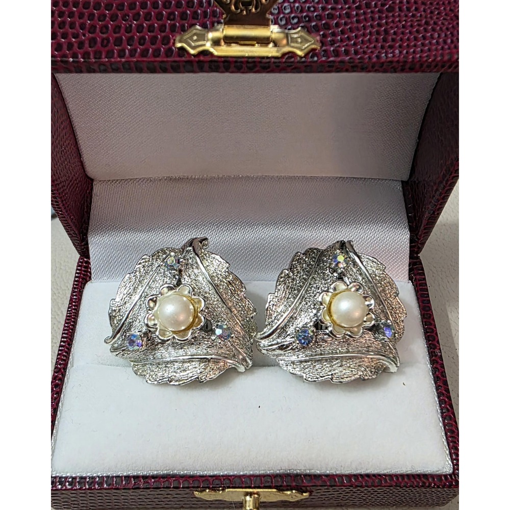 Vintage MCM Silver-Tone Leaf Cluster and Pearl Clip-On Earrings by Judy Lee